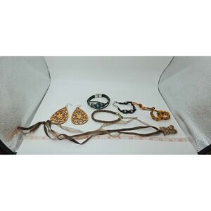Boho Jewelry Lot Wooden Earrings Ceramic Owl Necklace Leather 'Monster' Bracelet